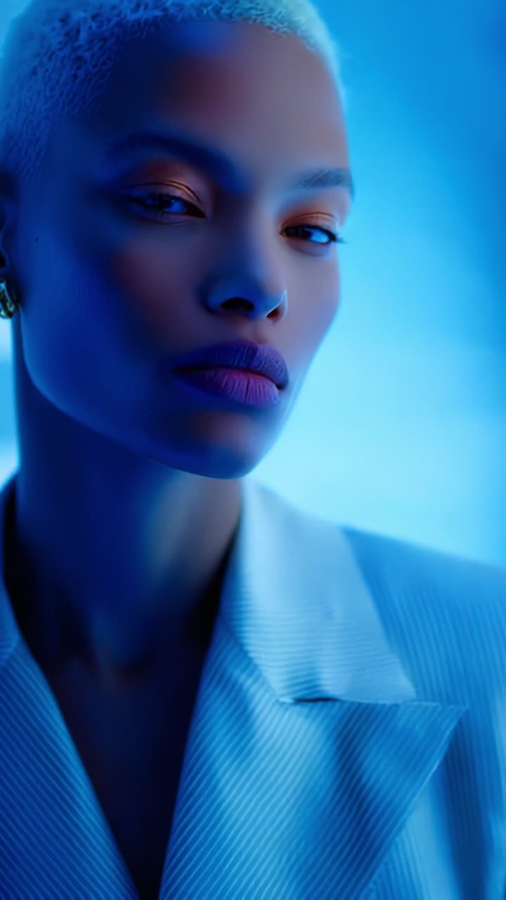 Impactante retrato y pose dinámica de una modelo con estilo en un entorno azul moderno, que muestra elegancia y confianza con una estética de moda contemporánea