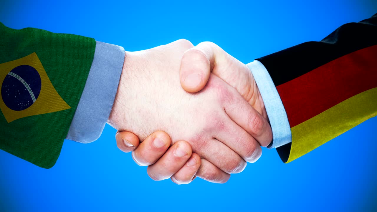 animación conceptual de apretón de manos entre brasil y alemania sobre países y política con el canal matte