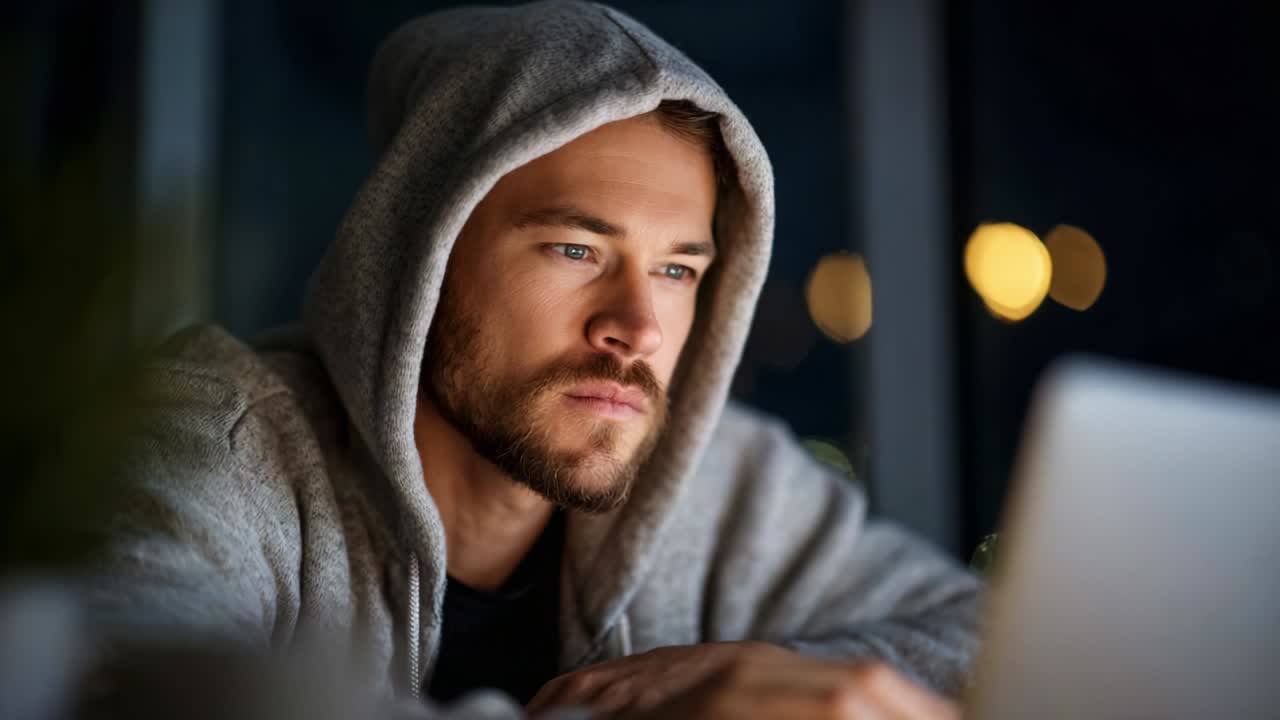 Eine nachdenkliche Person mit Kapuzenpullover, die tief in einen Laptop-Bildschirm vertieft ist, der vom sanften Schein des Umgebungslichts erhellt wird und ein Gefühl der Reflexion und Konzentration während der Nachtstunden hervorruft