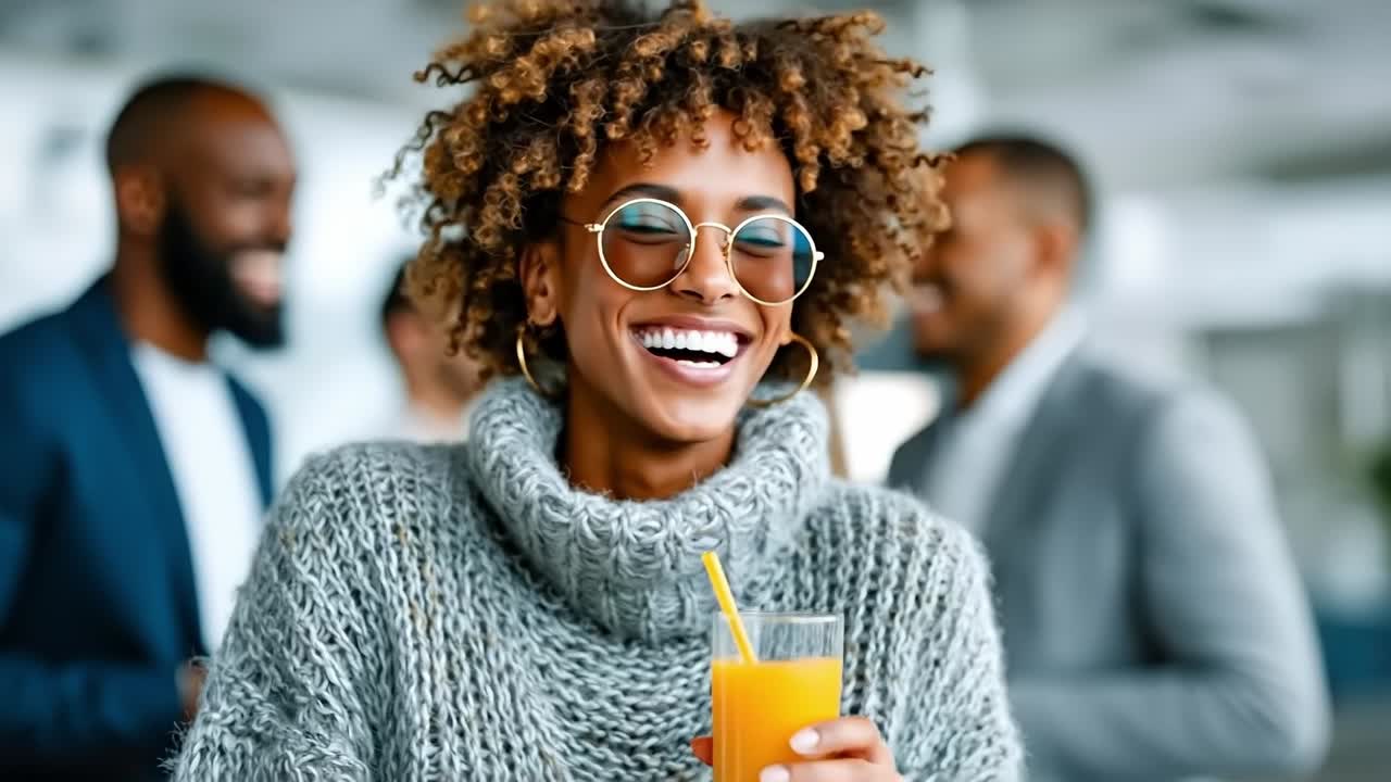 A woman holding a glass of orange juice in front of a group of people