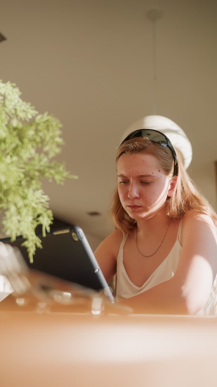 Giovane donna caucasica modifica immagini su tablet da un'angolazione bassa, creatrice contemplativa che rivede i contenuti, pianta da interno in primo piano e morbida luce mattutina, scrivania con tazza e bicchiere, espressione concentrata.