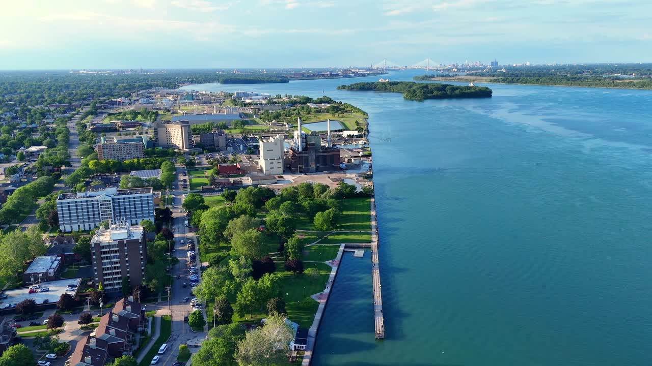 Aerial view of Bishop Park and Detroit River in Wyandotte with city beyond
