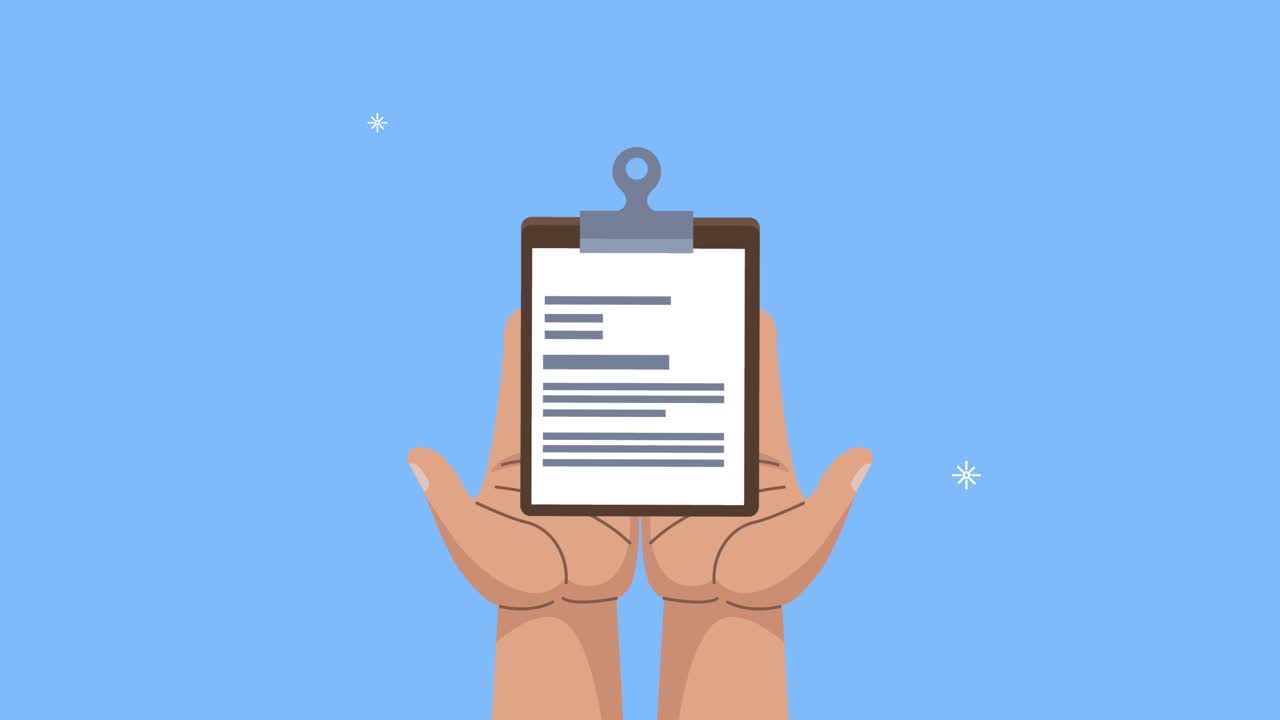 animación del documento del portapapeles con las manos levantadas