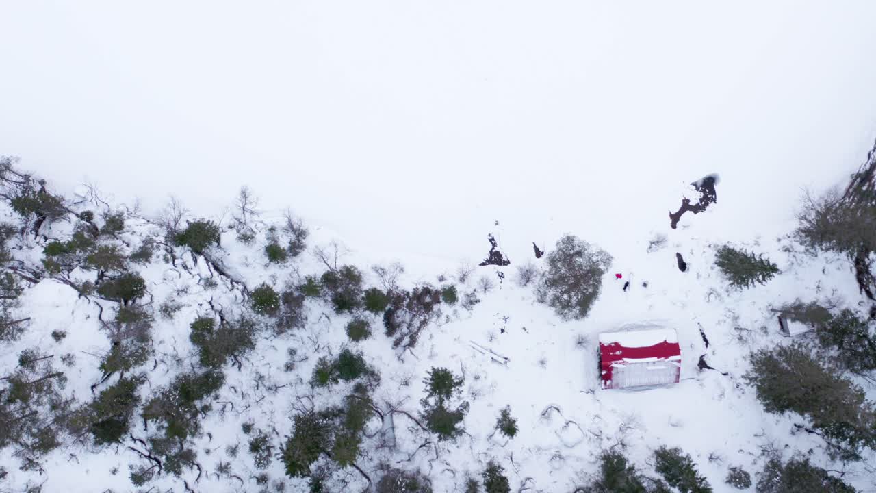 산 근처의 겨울 풍경 숲의 오버헤드 뷰