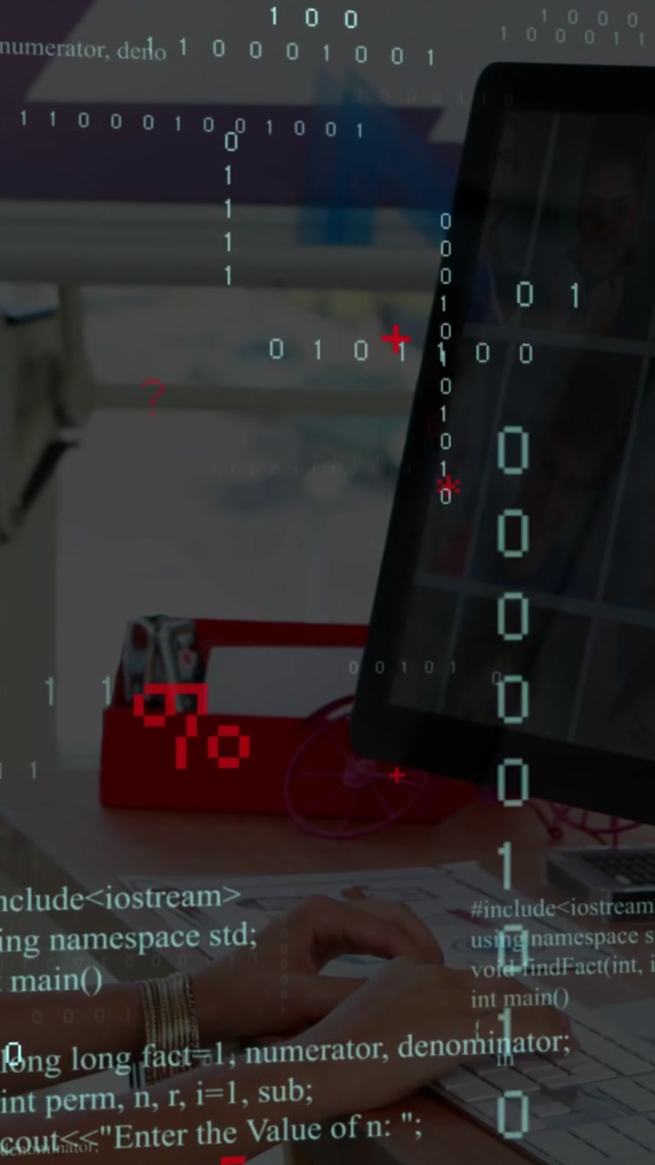 Vertical video: Typing woman tapping screen fixing headset at desk with keyboard and code overlays