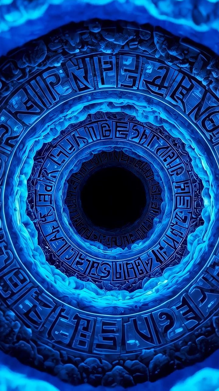 Video verticale: Telecamera che si muove verso l'interno, tunnel di glifi che si avvolge a spirale attraverso un portale CGI, rivelando un vuoto oscuro.