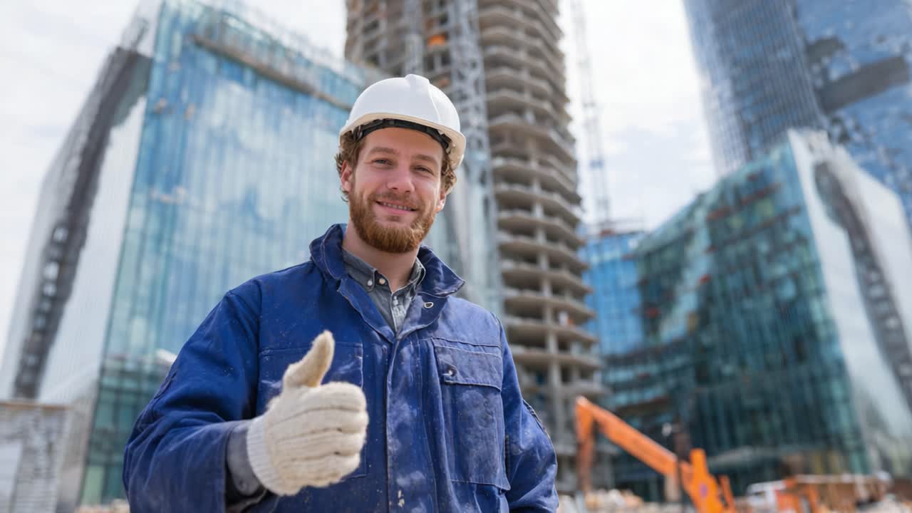 Construction Worker at Building Site: A Dedicated Professional in Safety Gear Giving Thumbs Up Amidst Ongoing Development and Modern Architectural Background