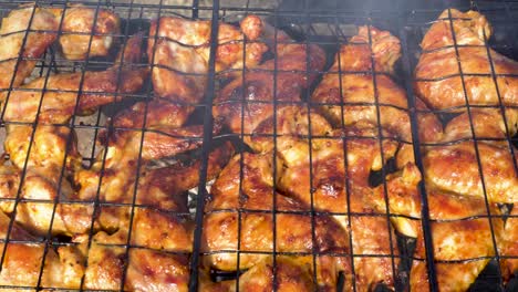 grilled chicken wings.video 4k cooking fry shish kebab,bbq, barbecue, shashlik or meat on coals. cooking meat in the grill on skewers in nature in the summer on a picnic. pork on the grill