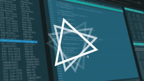 Animation-of-triangle-rotating-over-data-processing-on-computer-screens