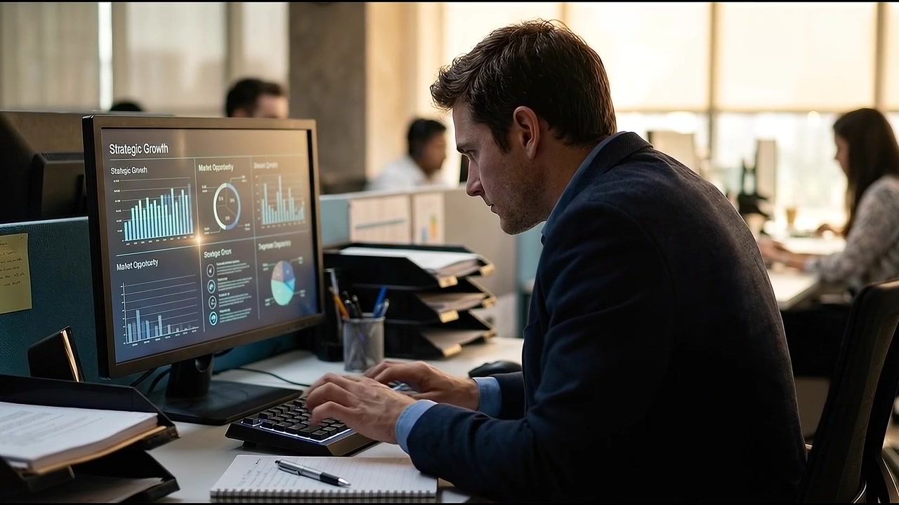 Profesjonell mann arbeider med finansiell dataanalyse på et moderne kontor