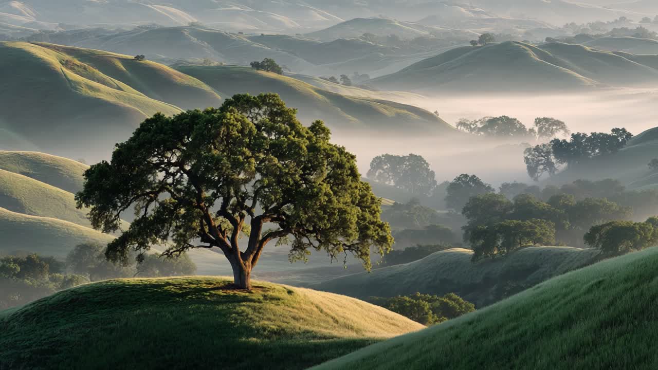 A Majestic Tree Stands Alone Amidst Rolling Green Hills and Misty Valleys in a Serene Landscape Capturing the Beauty of Nature