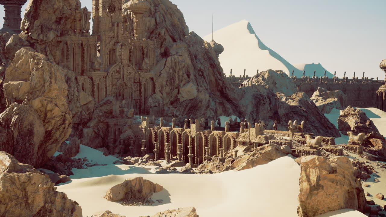 Ruins of an ancient civilization amidst rocky terrain in a desert landscape