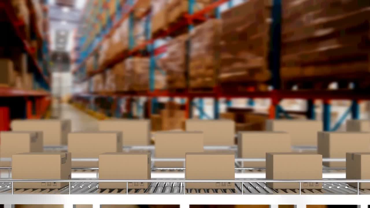 animación de cajas de cartón que se mueven en cintas transportadoras sobre el almacén