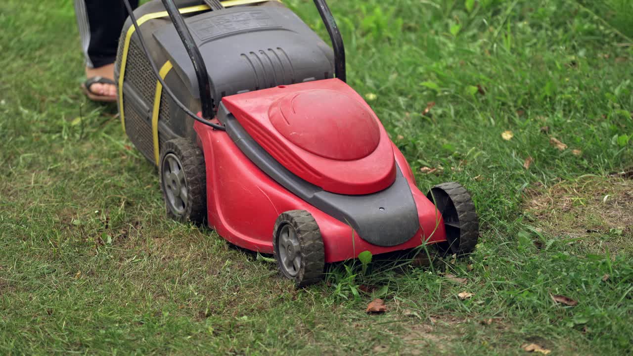 Process of cutting grass in the garden. Homeowner mowing green grass in the backyard by special mowing machine.