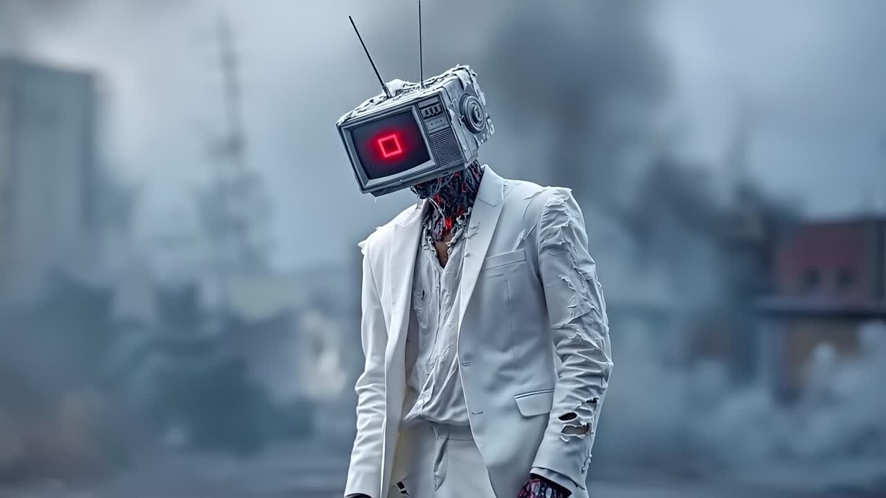 A man in a white suit with a television on his head