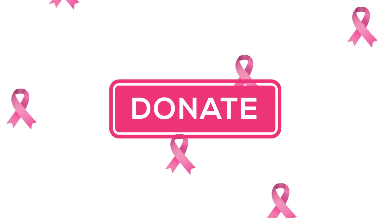 ⁇ 색 배경에 나타나는 기증 텍스트 위에 떨어지는 여러 개의 분홍색 리본 로고의 애니메이션