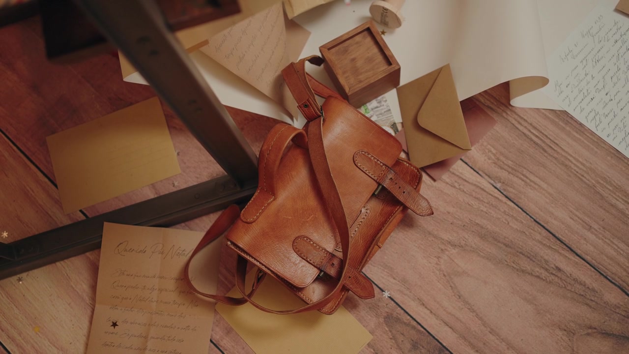 Borsa in pelle con buste e carte sparse su un pavimento di legno