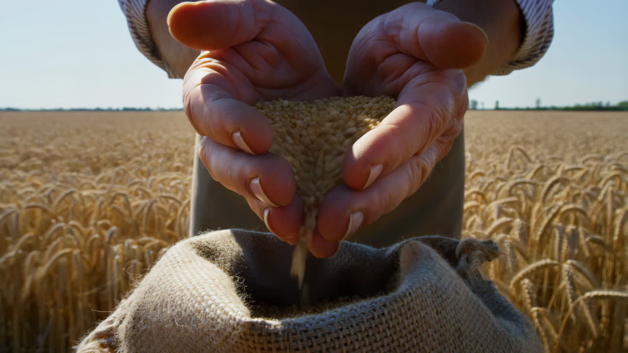 Farmer's hands pouring golden wheat grains into a burlap sack in a sunlit field
