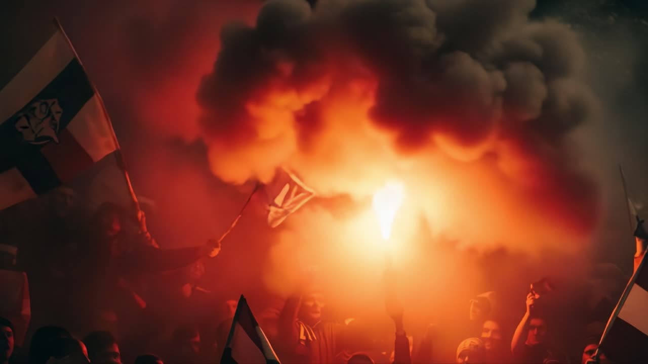 A Sea of Flames and Unity: Spectacular Display of Enthusiasm in a Crowd During an Energetic Event with Smoke and Flares