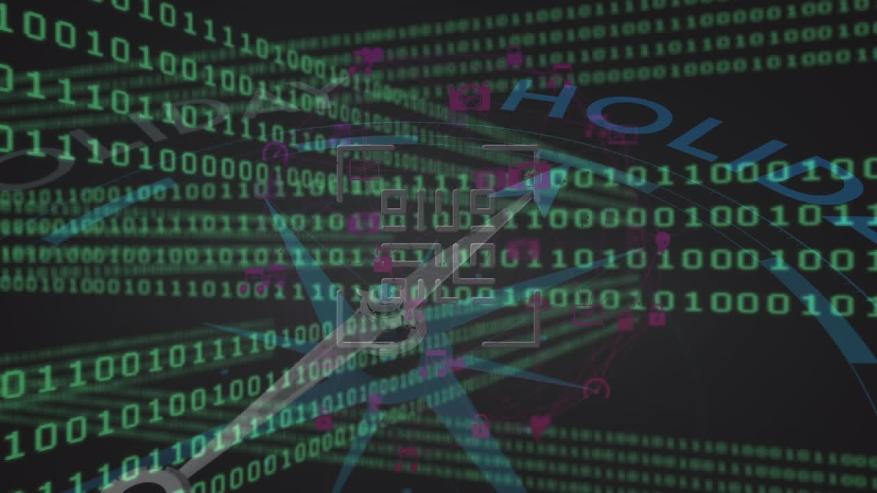 animación del código qr sobre codificación binaria y brújula