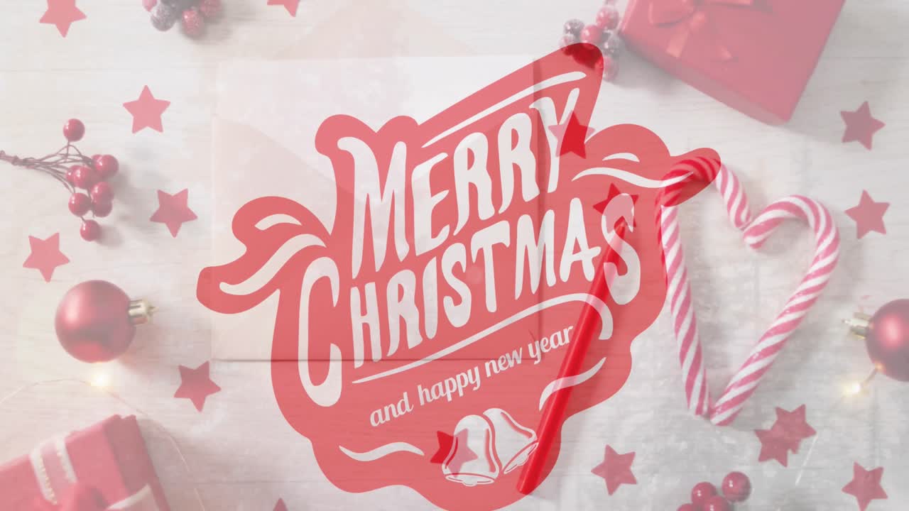 크리스마스 장식 위에 메리 크리스마스 텍스트의 애니메이션