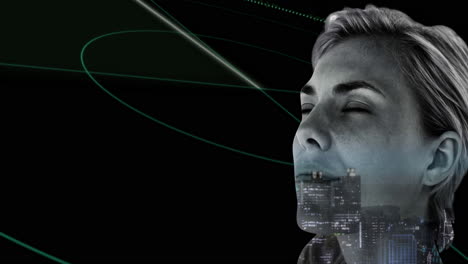 animation of woman's face over cityscape with green lines on black background