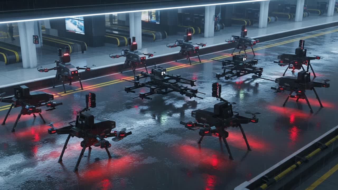 A Futuristic Display of Surveillance Drones Clustered Under Neon Lights: A Cutting-Edge Technology Showcase in an Urban Environment