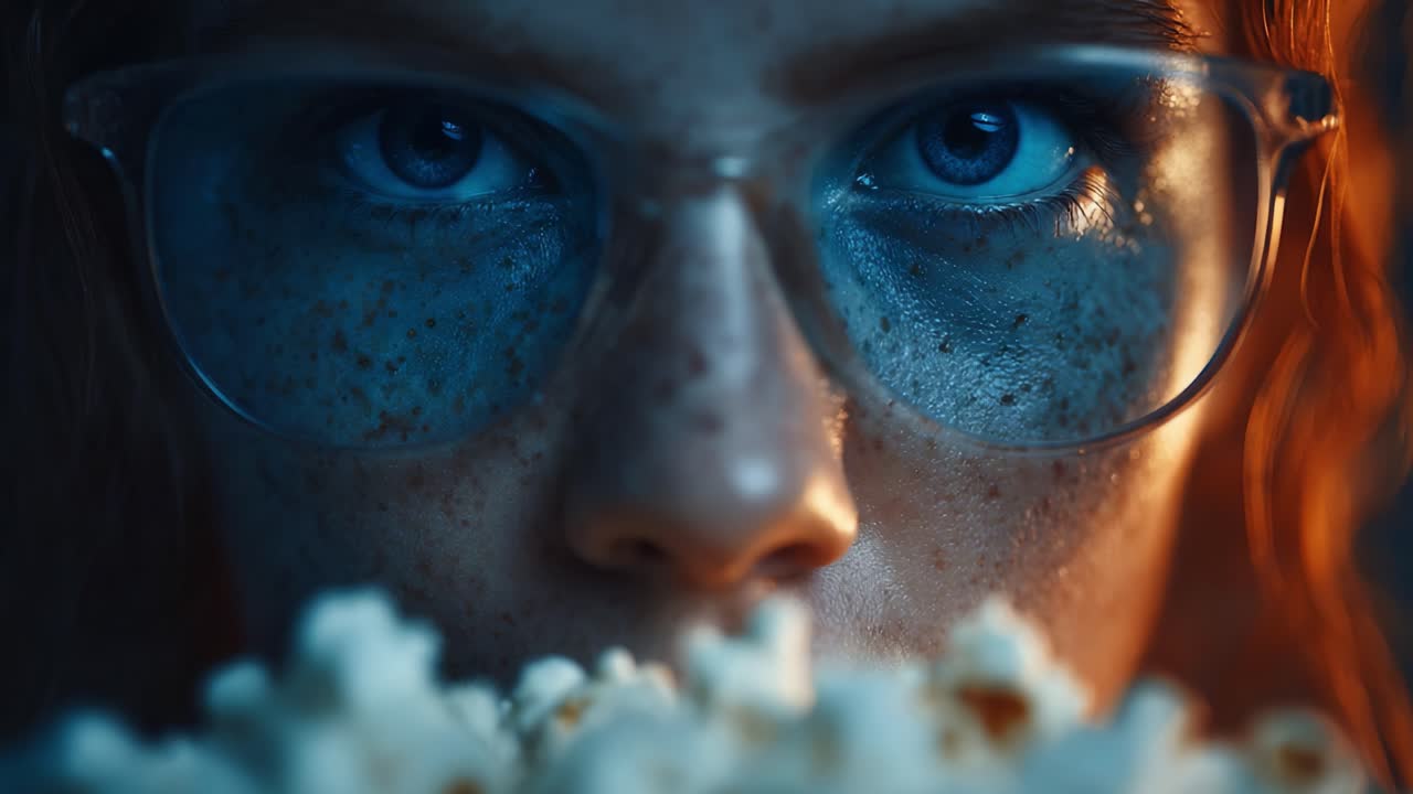 Un primo piano intenso di una persona giovane rapita da una scena cinematografica mentre tiene una ciotola di popcorn, che enfatizza le emozioni di attesa ed entusiasmo.