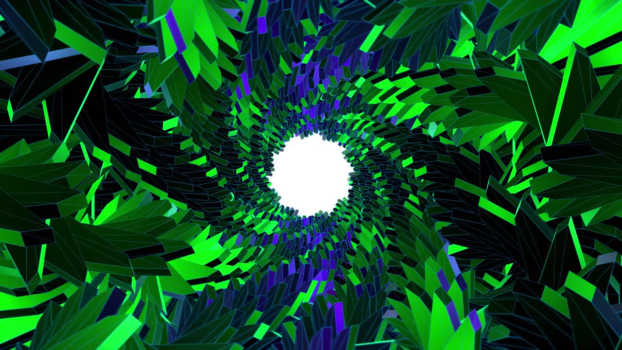 Abstract Geometric Tunnel Vortex with Green and Purple Polygons
