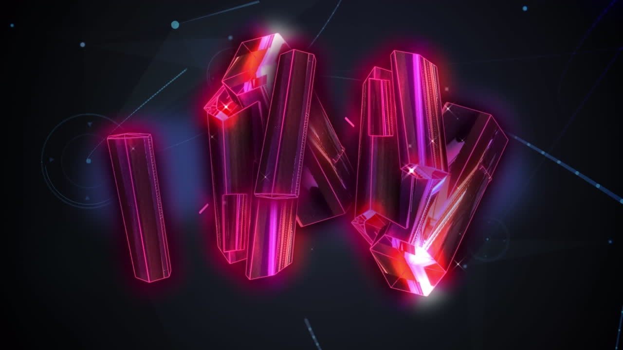 анимация кластера розовых металлических форм через сеть связи на черном фоне