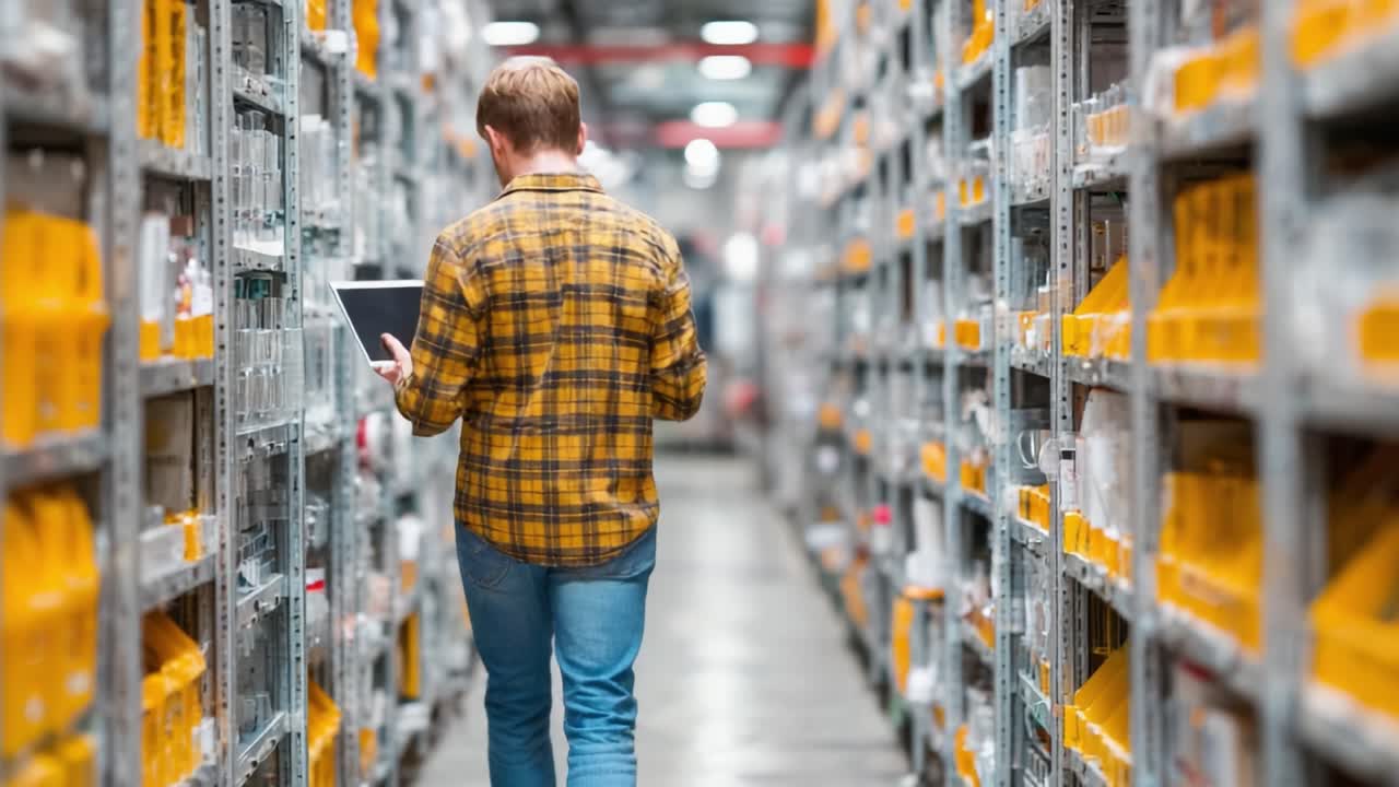 A Warehouse Worker Navigating Through Aisles While Using A Tablet, Engaged In Inventory Management And Streamlining Supply Processes Amidst Product Shelving