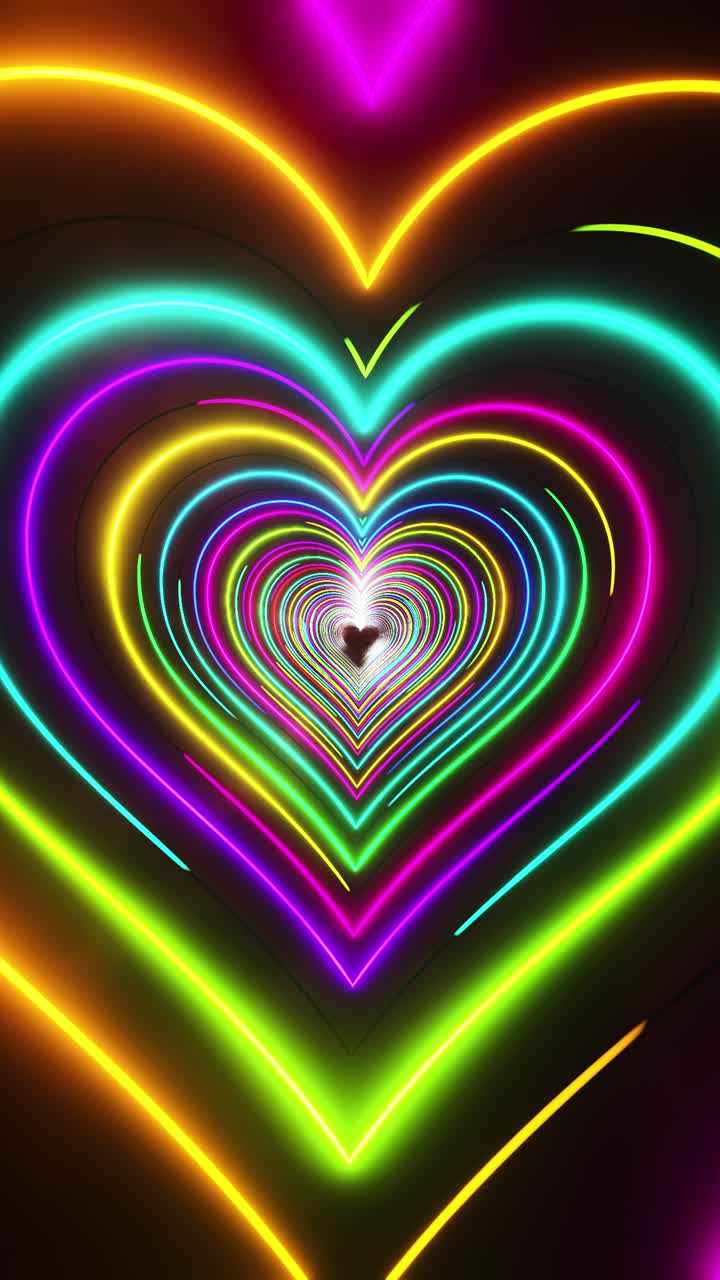 빛으로 칠한 다채로운 심장을 날아다니는 수직 루프 비디오