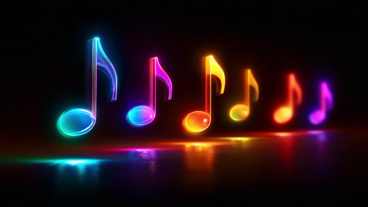 Betagende visning af farverige musikalske noder, der lyser i mørket og repræsenterer harmoni og kreativitet gennem levende lys og gradienter på en glat overflade.