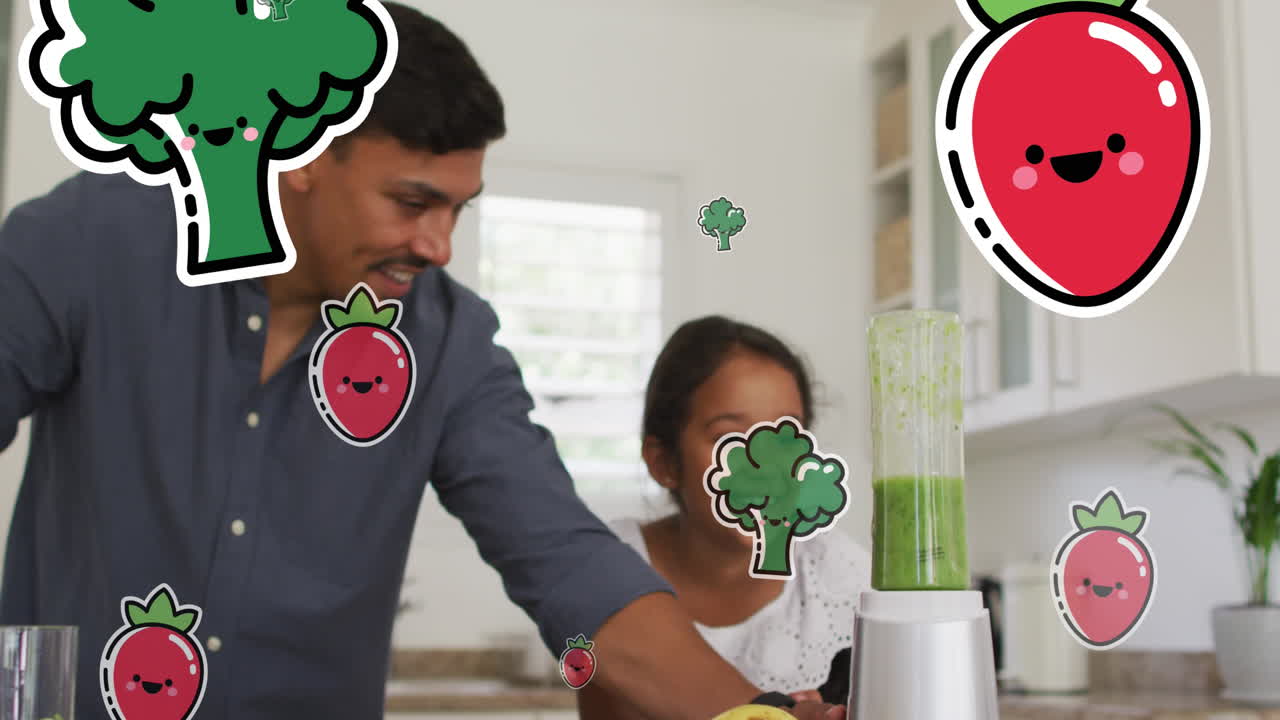 행복 한 아시아인 아버지 와 딸 이 집 에서 건강 음료 를 준비 하고 있는 채소 의 애니메이션