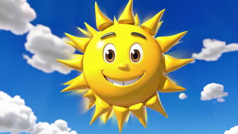 a happy animated sun character smiling in a blue sky with clouds
