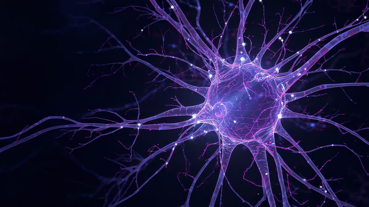 Lighting dendrites sparking soma pulsing, pulling bright points inward in dark void with strands