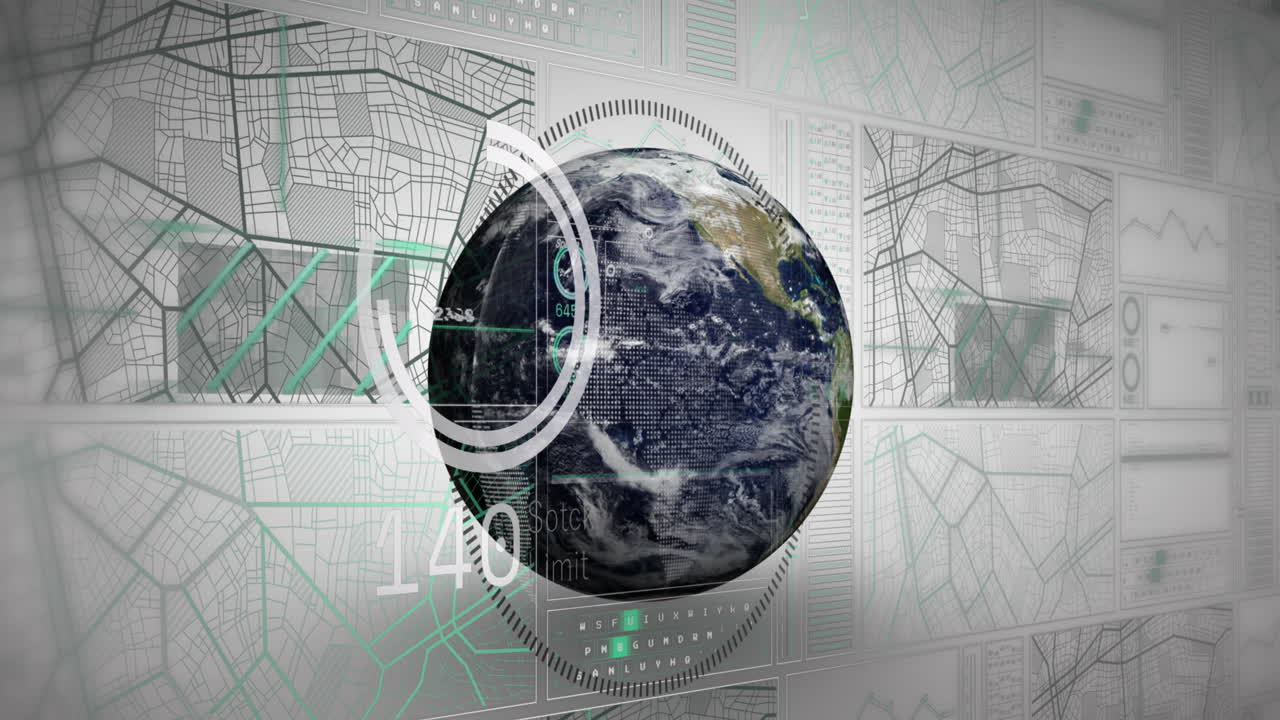 Animation of navigation pattern, loading circles, changing numbers over globe on white background