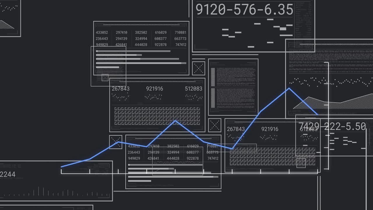 Blue line graph moving across dark analytics dashboard, with overlaid numeric panels and bar charts