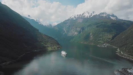 norway cruise ship in fjord drone shot