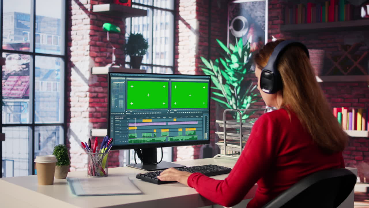 Woman Editing Video on Computer with Green Screen