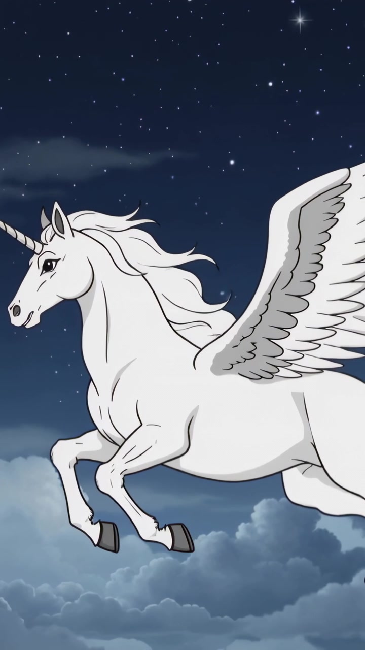 Vertical video: Frames starting, white winged unicorn gliding right over starry clouds, spiral horn