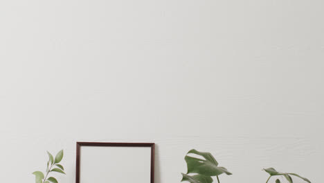 Wooden-frame-with-copy-space-on-white-background-with-plants-against-white-wall