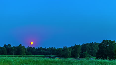 Vista-Estática-De-La-Puesta-De-La-Luna-Sobre-Las-Praderas-Verdes-Con-Bosque-En-El-Fondo