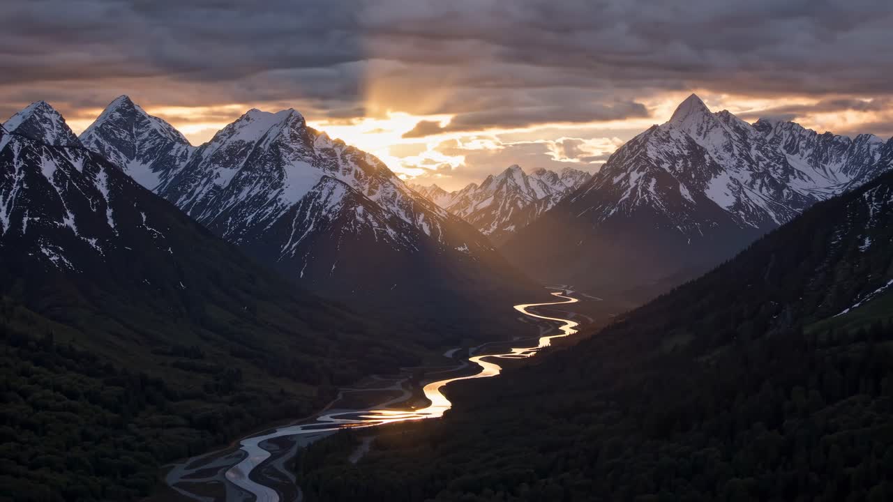 Aerial video captures a winding river reflecting sunset light between snow-capped mountains