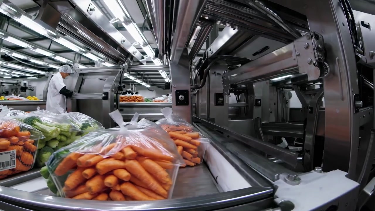 Verpacktes Gemüse auf Förderbändern in einer Lebensmittelverarbeitungsfabrik