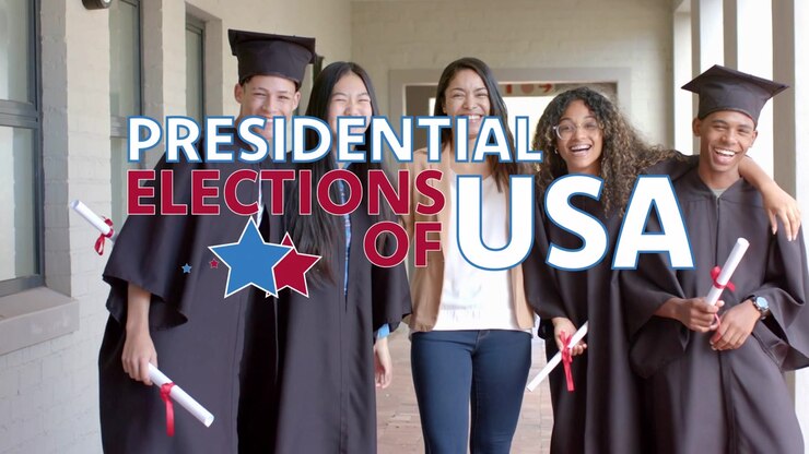 Graduates and mentor posing, elections showing over group, pulsing stars, holding diplomas for grad