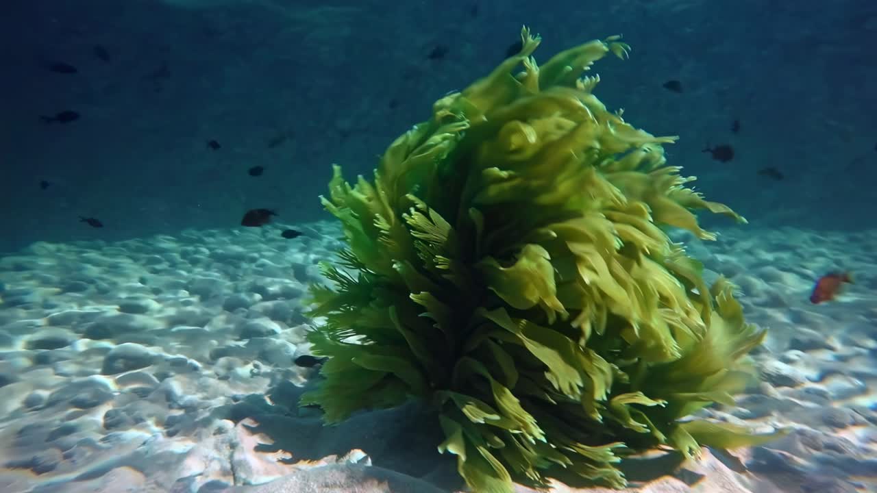 Underwater video captures vibrant green seaweed from a low angle, showcasing its flowing texture
