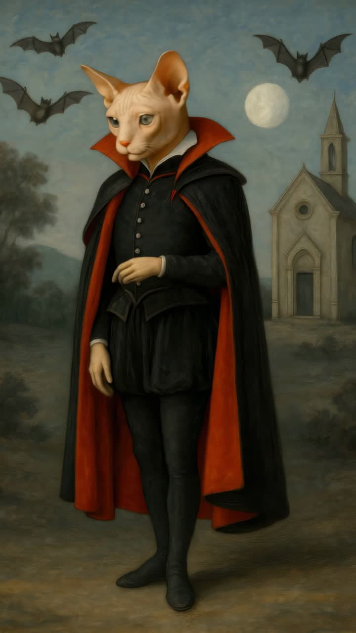 A surreal video concept of a cat-headed vampire in vintage attire, standing in front of a gothic
