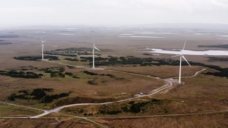 wide drone shot of a peatland wind farm on the outer hebrides of scotland