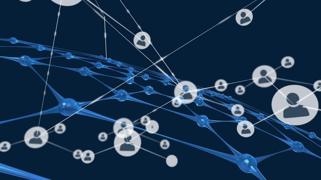 animación de la red de conexiones con iconos sobre la red azul